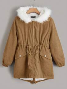 SHEIN EZwear Plus Size Women's Hooded Winter Jacket With Fur Collar And Drawstring Waist - Khaki - View 5