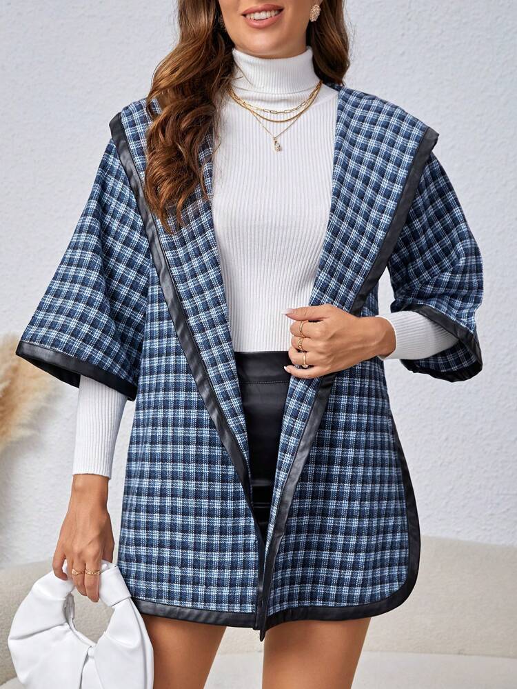 Women'S Plaid Collar Open Front Woolen Coat Winter Casual Check Blue