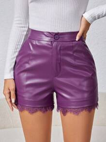 SHEIN Frenchy Shorts De Pu Con Dobladillo De Encaje Para Mujer - Morado - Ver 1