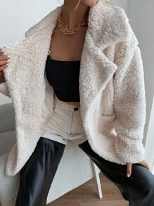 SHEIN Unity Drop Shoulder Pocket Patched Fleece Coat Fall Winter Cloth For Women - Beige - View 5