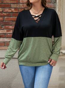 SHEIN LUNE Ladies Plus Size Color Block Cross Tie Dropped Shoulder Sweatshirt - Green - View 5