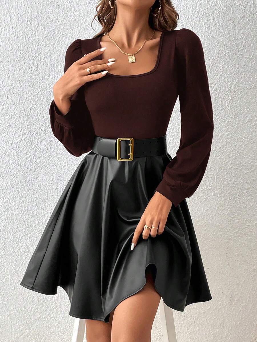 SHEIN Frenchy 雙色方領燈籠袖洋裝不附腰帶 - 咖啡 - 查看 1