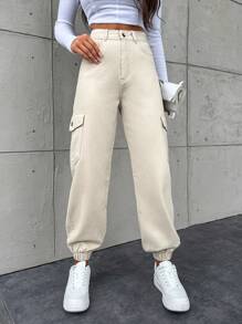 EURMUSE Women's Solid Color Cargo Jeans With Elastic Cuffs - Beige - View 6