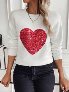 SHEIN Frenchy 閃光心型圖案落肩毛衣套頭衫 - 白色 - 查看 3