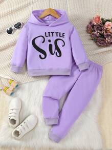 SHEIN Nhỏ bé Cô gái áo có mũ In thư Tay áo dài Bộ đồ thể thao Cho mùa xuân Và Mùa thu - Màu tím - Xem 3
