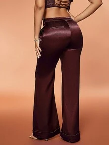 D&M 缎面优雅口袋喇叭腿长裤，适合搭配高跟鞋或高个子女士，适合日常和派对场合 - 酒紅色 - 查看 3