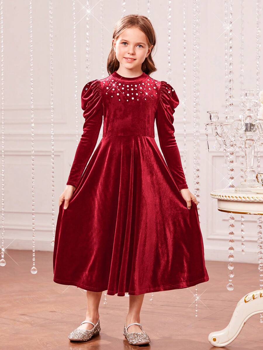SHEIN Vestido de terciopelo con cuello alto, pedrería y mangas de estilo "pierna de carnero" para niñas - Rojo - Ver 1