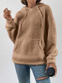 SHEIN EZwear Kangaroo Pocket Drop Shoulder Drawstring Teddy Hoodie - Camel - View 6
