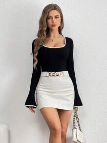 Firerie Women's Flared Long Sleeve Bodysuit With Ruffle Detail - Black - View 5