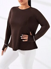 Street Sport Plus Contrast Top-stitching Raglan Sleeve Sports Tee - Coffee Brown - View 4