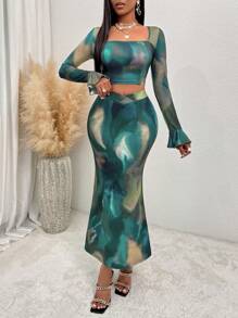 SHEIN Slayr 紮染方領荷葉袖短款上衣&高衩魚尾短裙