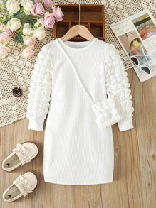 SHEIN 小女孩休閒泡泡袖連衣裙帶手提包 - 白色 - 查看 1