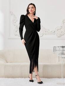 Modelyn Gigot Sleeve Fringe Trim Wrap Hem Dress - Black - View 4