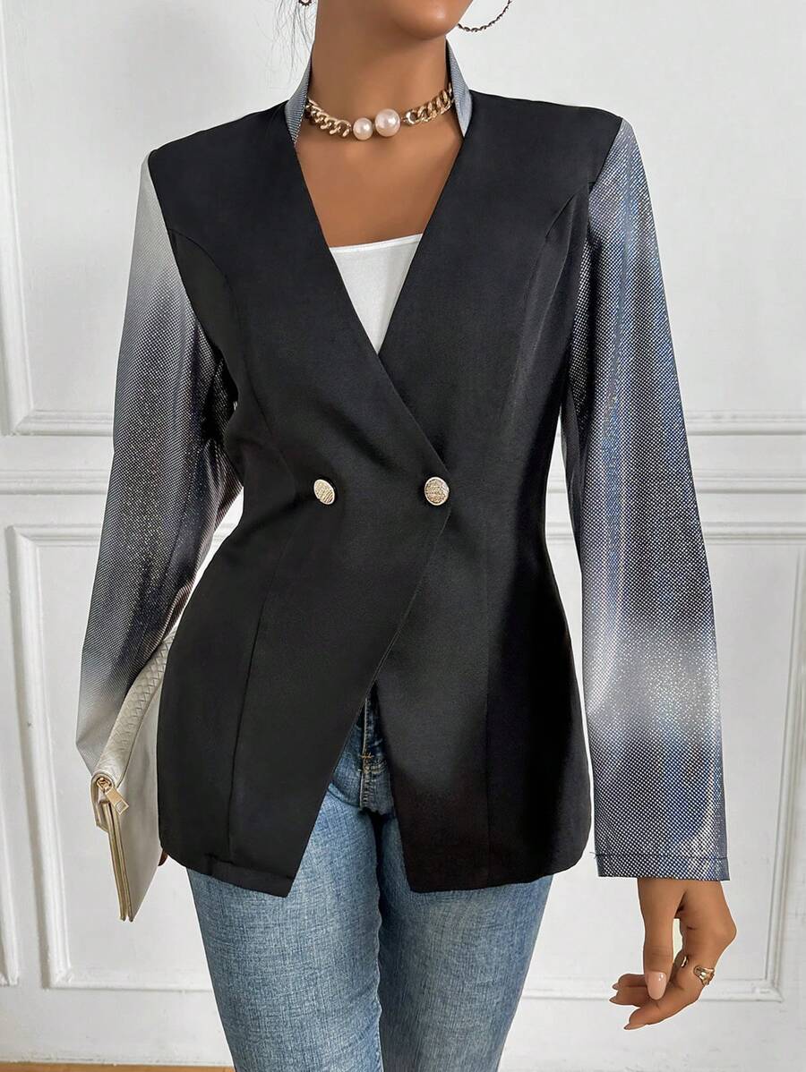 Chiquease Women's Black Color Block Double-Breasted V Neck Blazer Fall Cloth For Women - Black - View 1