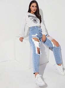 SHEIN EZwear Women's Ripped Denim Trousers - Blue - View 4