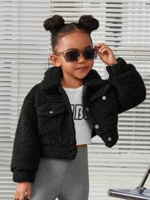 SHEIN Young Girl Everyday Casual Winter Button Up Fleece Jacket - Black - View 1