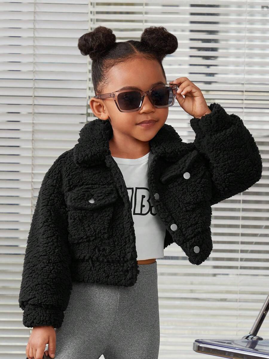 SHEIN Young Girl Everyday Casual Winter Button Up Fleece Jacket - Black - View 1