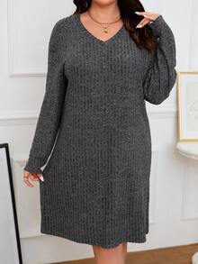 SHEIN Frenchy Hơn Thả vai Đồ đan Ribbed Đầm - Màu xám đen - Xem 3