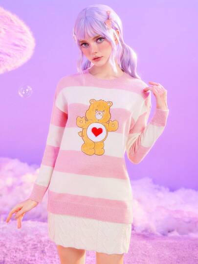 ROMWE X Care Bears Women's Cartoon Embroidery Stripe Contrast Color Drop Shoulder Sweater