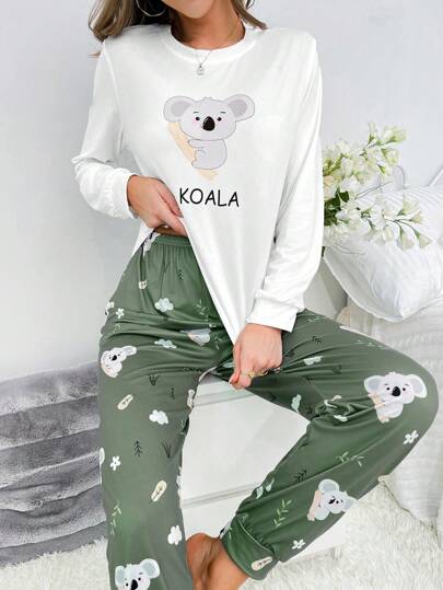 Koala Letter Graphic Wit Top Pants PJ Set Pajama Set, Fall Clothes Cozy Elegante view 4