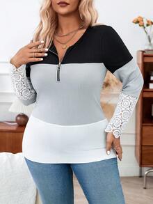 Calvaya Plus Size Lace Splice Color Block Long Sleeve T-shirt - Multicolor - View 3