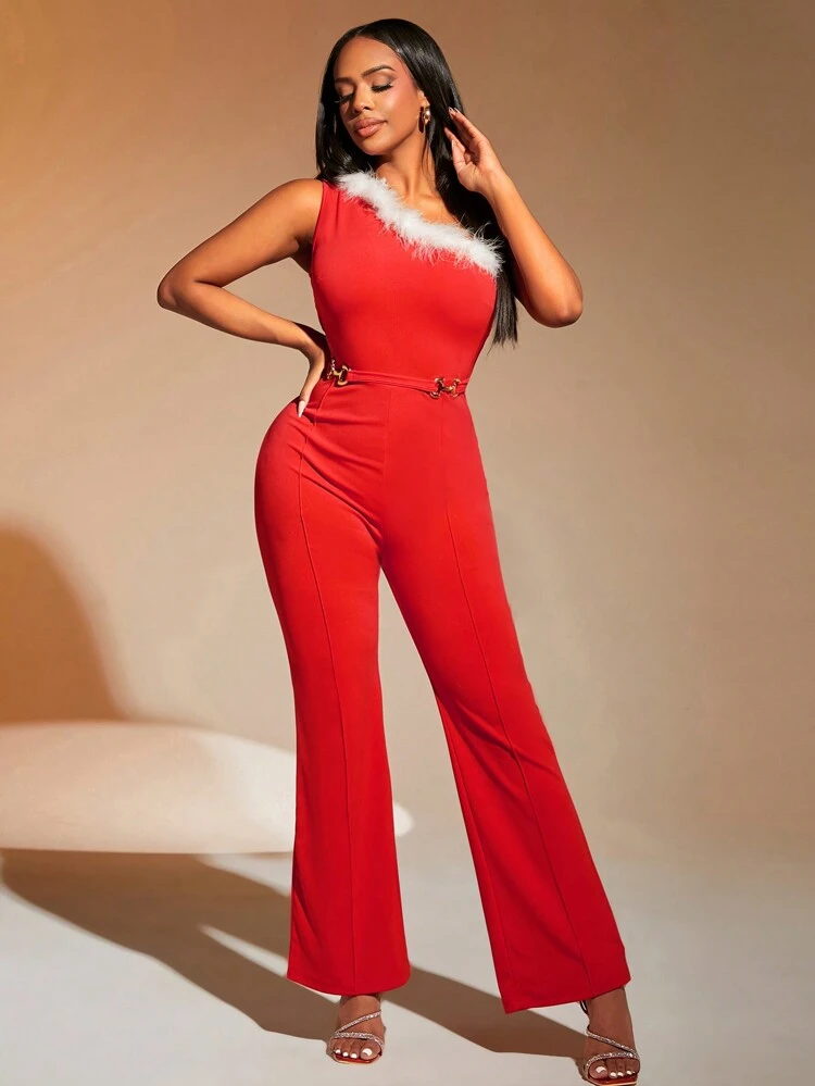 Women's Color Block Long Jumpsuit With One-shoulder Design, Made Of Woolen Fabric