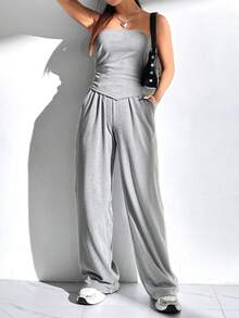 SHEIN EZwear 女士不对称下摆露肩上衣和裤子套装 - 灰色 - 查看 5