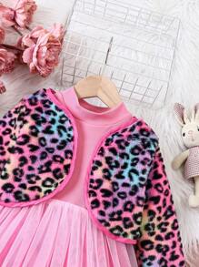 SHEIN 小女孩時尚豹紋外套和連衣裙套裝,適用於休閒穿著,適用於秋冬季節