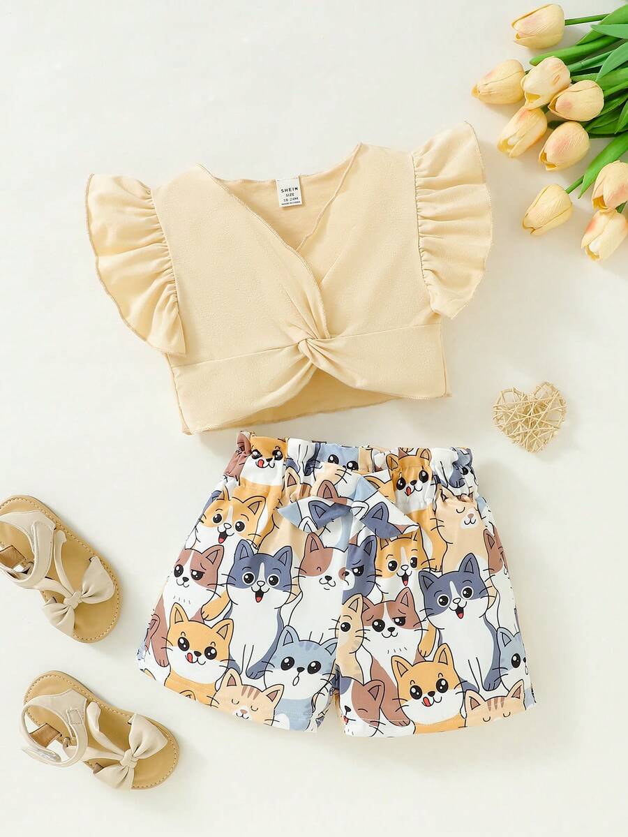 嬰兒女裝荷葉邊扭結前短袖上衣和卡通圖案短褲