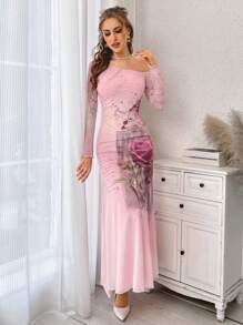 SHEIN Privé 女款不對稱領口玫瑰印花洋裝 - 粉色 - 查看 4