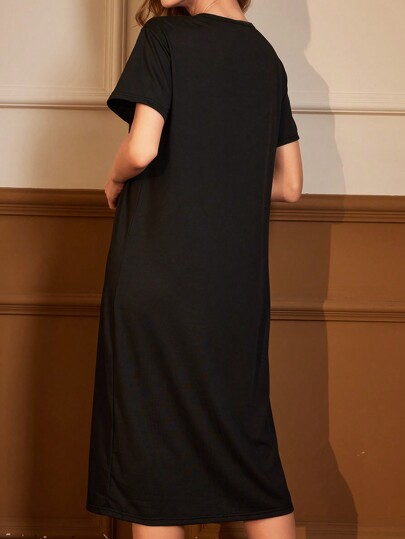 Letter Printed Long Pajama Nightdress, Moo view 2