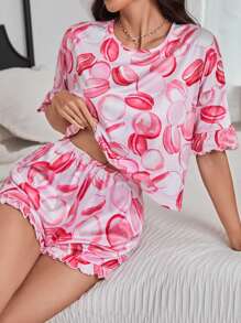 女士甜點印花荷葉邊睡衣套裝 - 粉色 - 查看 3