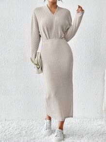 SHEIN Frenchy Robe Fendue De Couleur Unie À Côtes Pour Femme