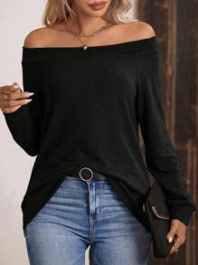 SHEIN LUNE 女款露肩插肩袖 T 卹 - 黑色 - 查看 1