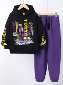 SHEIN Boys' Casual Letter Print Hoodie And Solid Color Pants Knitted Suit, Winter - Black - View 1