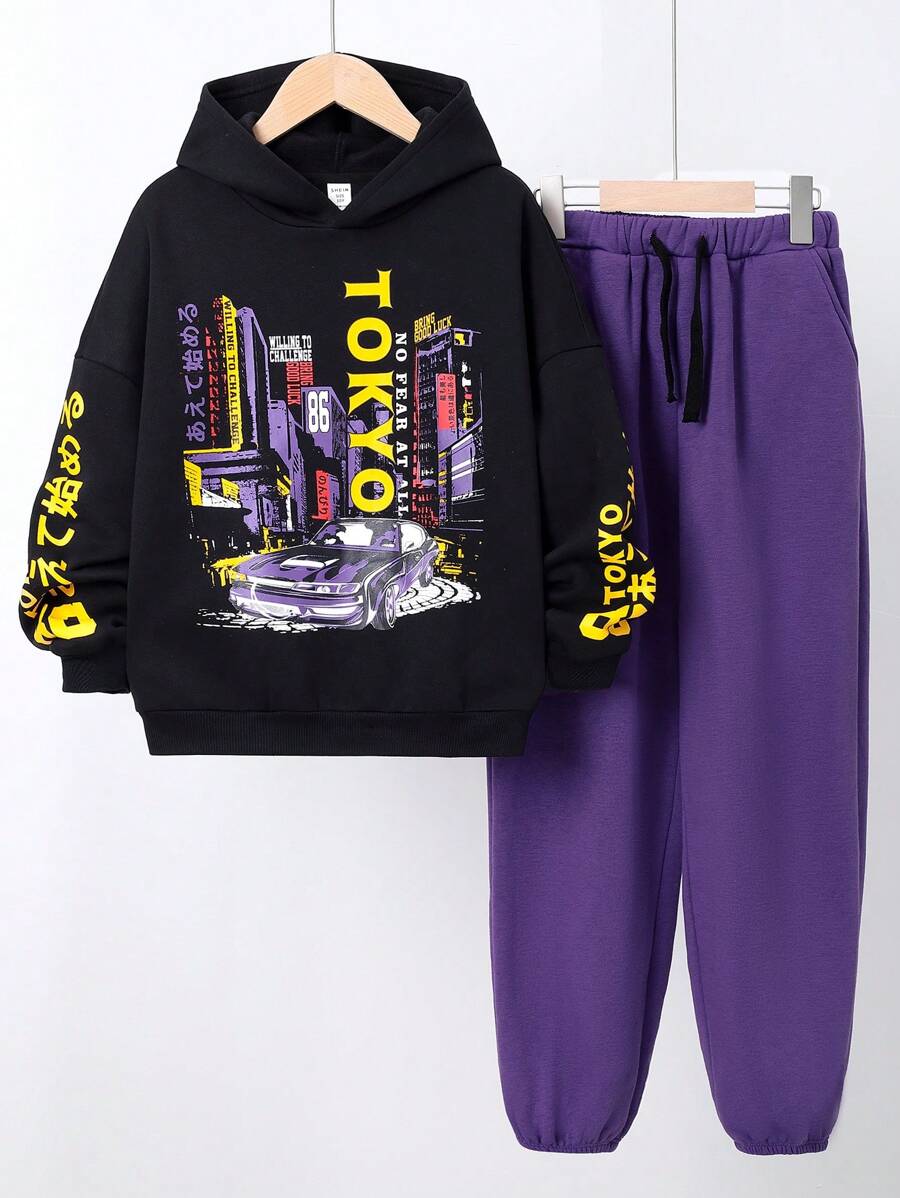 SHEIN Boys' Casual Letter Print Hoodie And Solid Color Pants Knitted Suit, Winter - Black - View 1