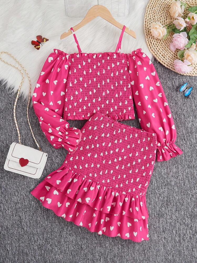 Tween Girls' Woven Heart Pattern Off Shoulder Blouse And Skirt Set