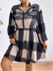Calvaya Plus Size Plaid Lantern Sleeve Dress - Royal Blue - View 4