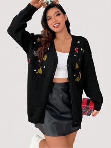 Celure Plus Christmas Star Embroidery Drop Shoulder Cardigan
