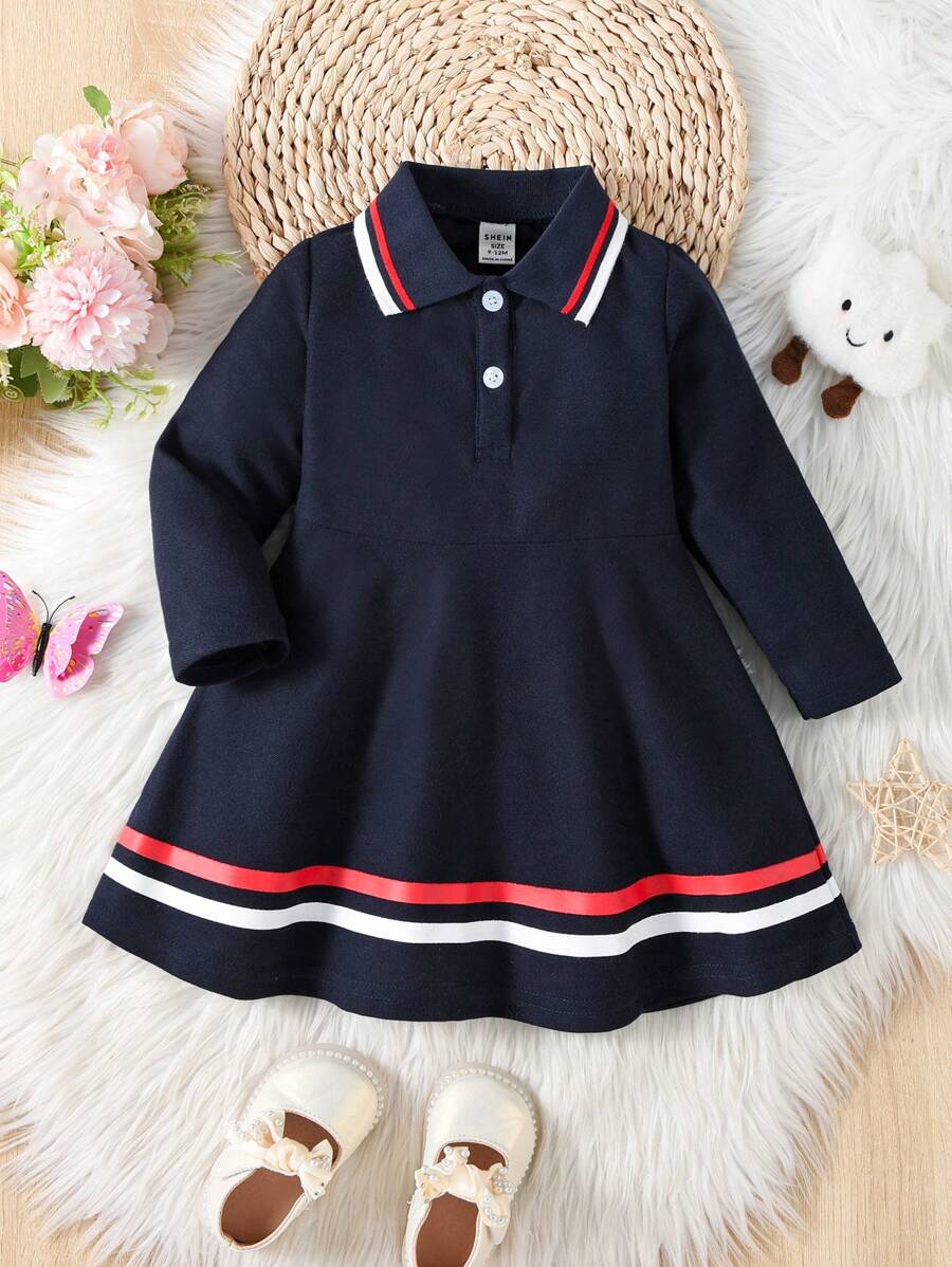 SHEIN Playful Pals 女嬰條紋印花正面半連結連身衣洋裝 - 藍色 - 查看 1