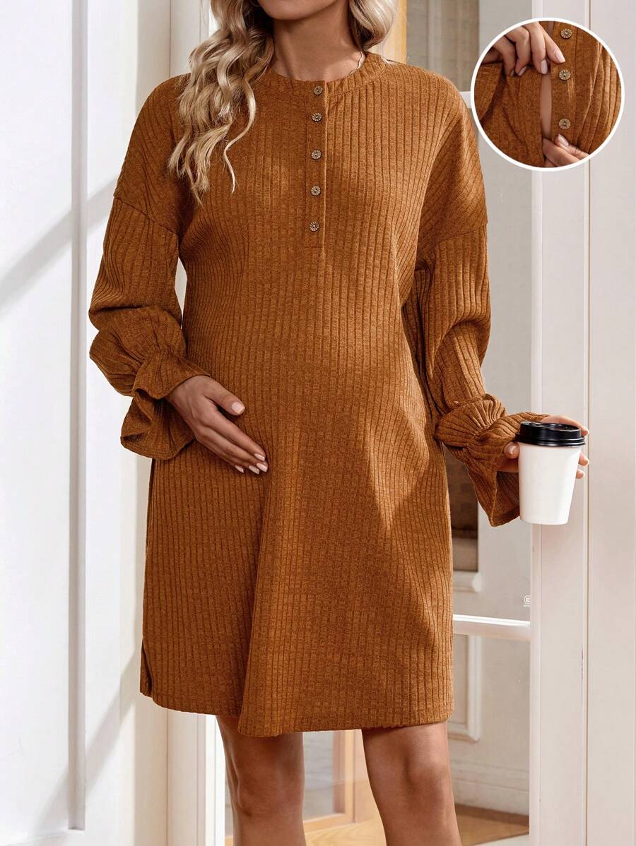 SHEIN Maternity Ruffle Sleeve Nursing Dress - Brown - View 1