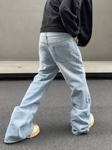 Manfinity Hypemode Men's Solid Color Wide Leg Denim Jeans With Slanted Pockets Baggy Long Washed Flare Jean Cargo Plain Light Blue Party Street Wear Rapper