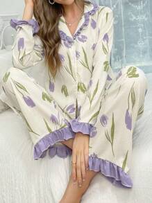 CottageSlumber Women's Tulip Printed Ruffled Hem Pajama Set Holiday Season, Fall Clothes  Cozy And Elegant Details - Apricot - View 4