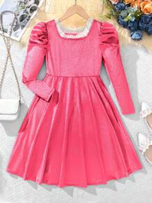 SHEIN Girls' Lace Trim Velvet Puff Long Sleeve Dress - Hot Pink - View 1