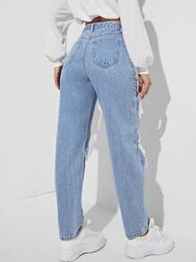 SHEIN EZwear Women's Ripped Denim Trousers - Blue - View 2