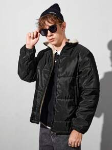 青少年男孩保暖衬里拉链前衬垫外套 - 黑色 - 查看 1