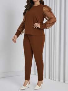 SHEIN Privé Women's Plus Size Round Neck Mesh Splice Top And Slim Fit Pants Two Pieces Set - Rust Brown - View 5
