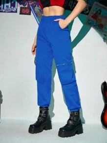 RueChic Chain Decorated Cargo Pants - Royal Blue - View 1