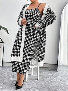 SHEIN Essnce Kích thước lớn Của phụ nữ Họa tiết Nanh sói Nút Lên áo Và Váy Dây Bộ - Đen và trắng - Xem 3