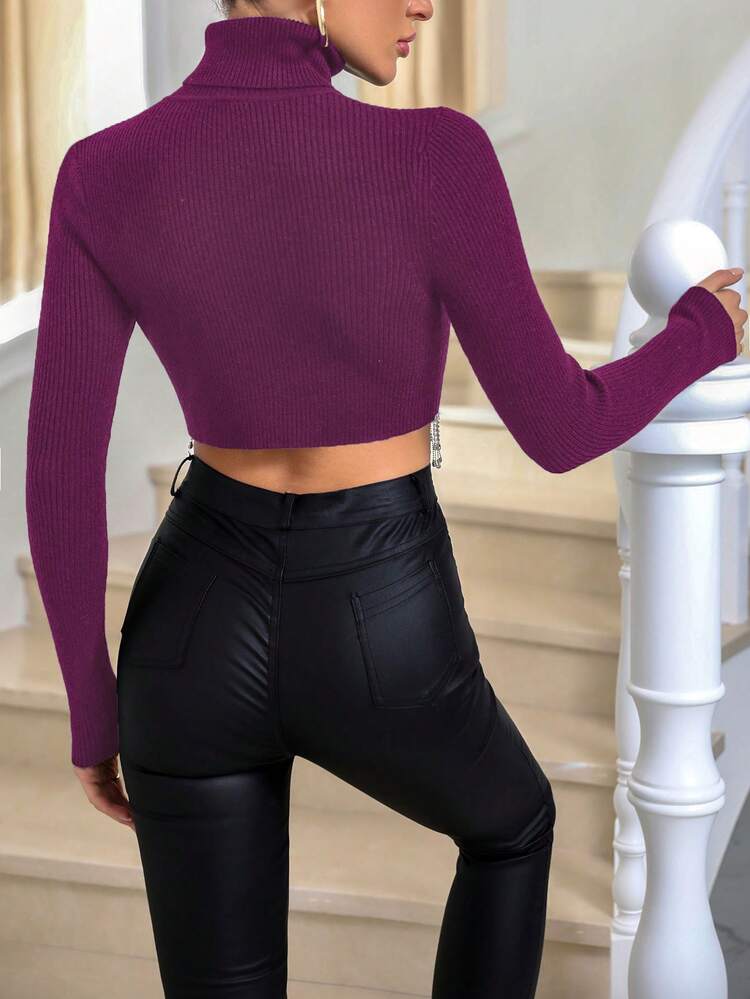 High Neck Sweater With Rhinestone And Tassel Decorated Hem Knit Pullover Fall Winter Sweater